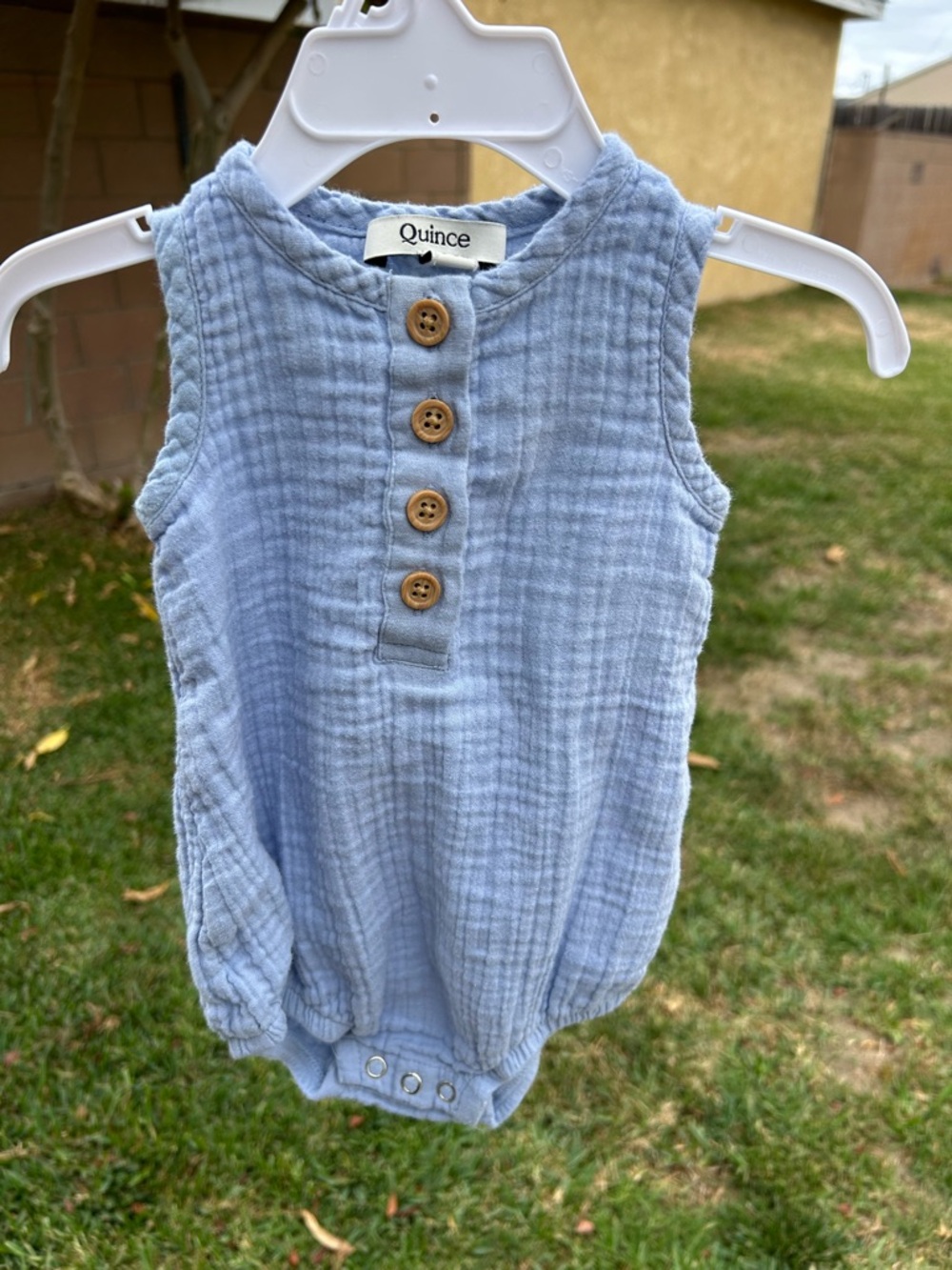 Quince Pale Blue Gauze Sleeveless Baby Romper with Wooden Buttons